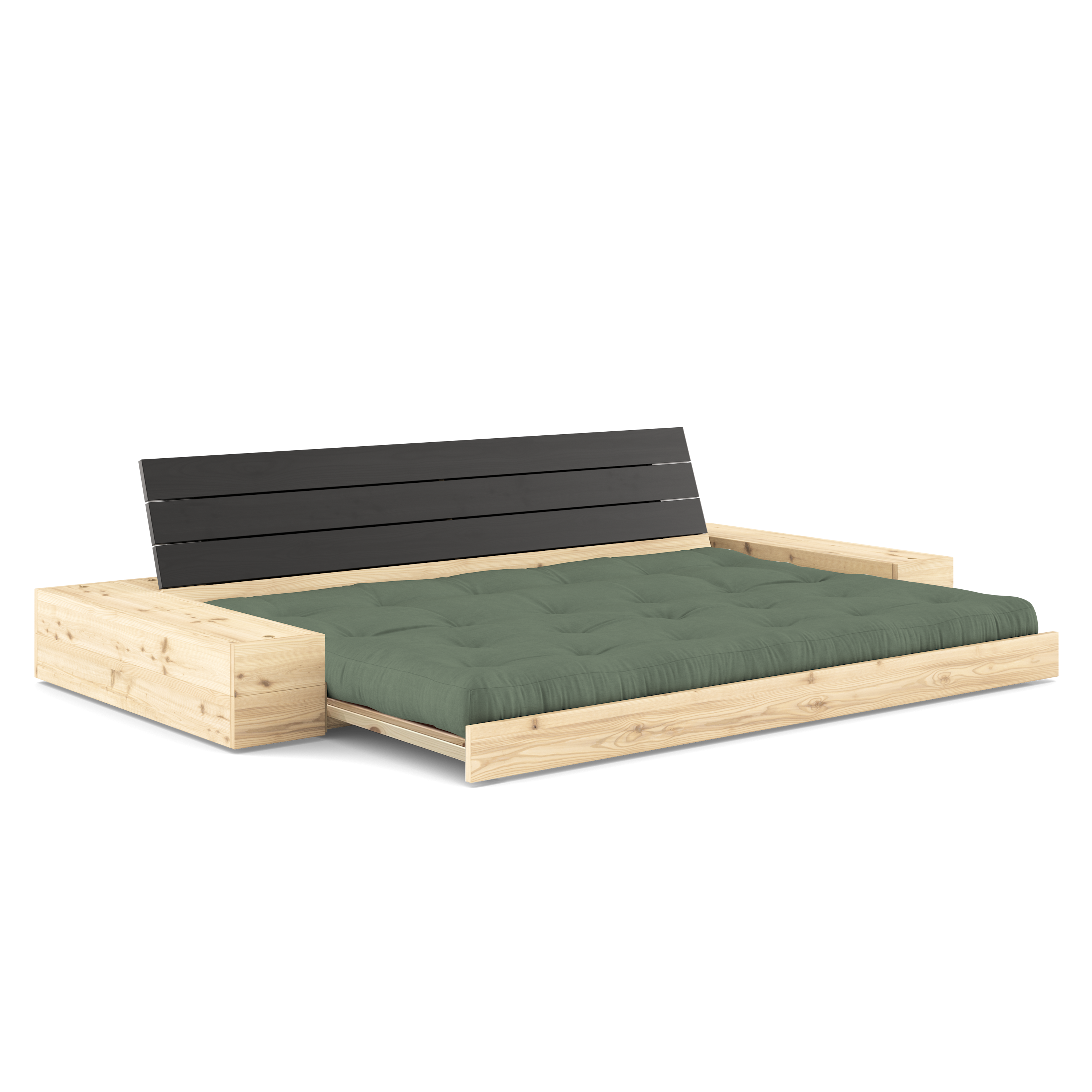 BASE BLACK NIGHT LACQUERED W. 2 SIDEBOXES CLEAR W. 5-LAYER MIXED MATTRESS OLIVE GREEN