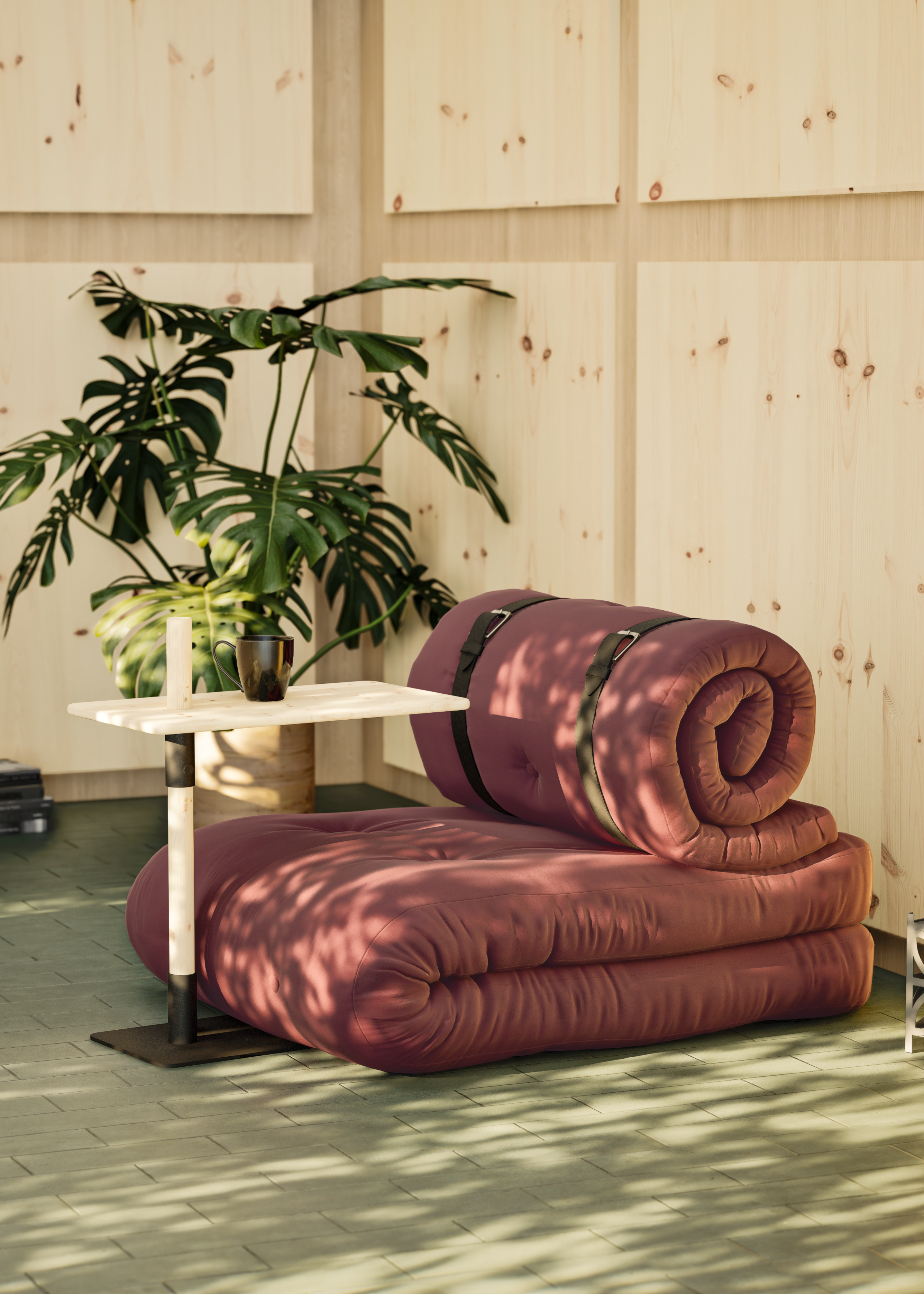 BUCKLE-UP CHAIR MOCCA W. 2 BROWN LEATHER BELTS