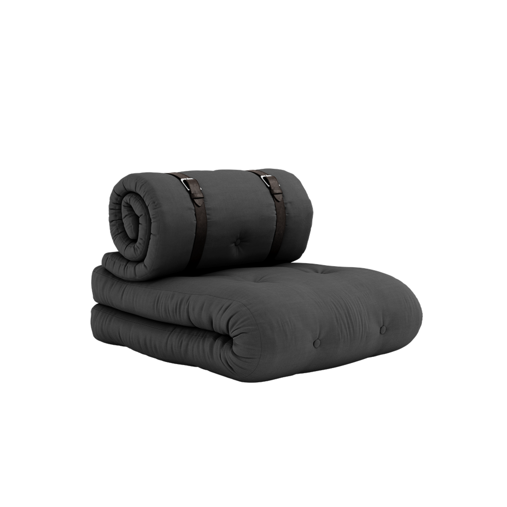 BUCKLE-UP CHAIR DARK GREY W. 2 BROWN LEATHER BELTS