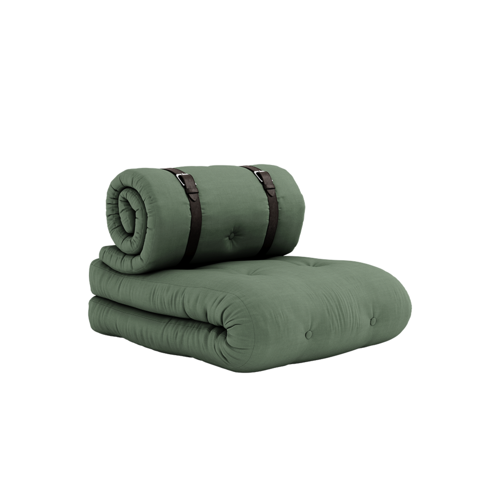 BUCKLE-UP CHAIR OLIVE GREEN W. 2 BROWN LEATHER BELTS