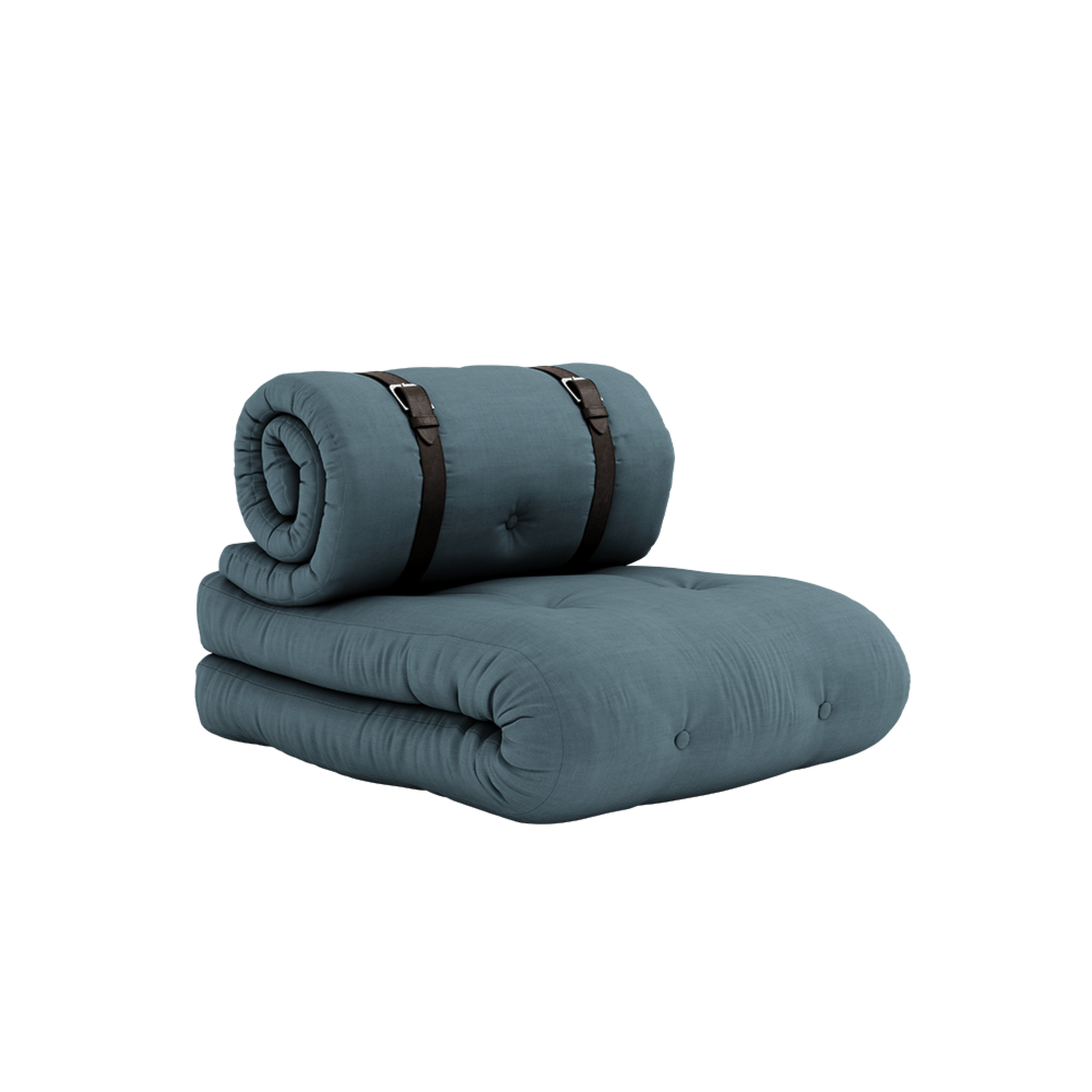 BUCKLE-UP CHAIR PETROL BLUE W. 2 BROWN LEATHER BELTS