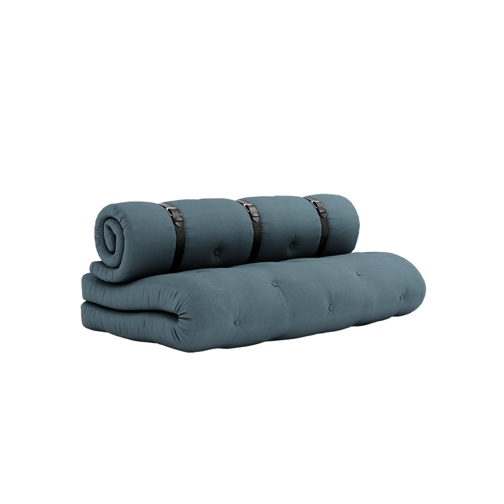 BUCKLE-UP SOFA PETROL BLUE W. 3 BROWN LEATHER BELTS