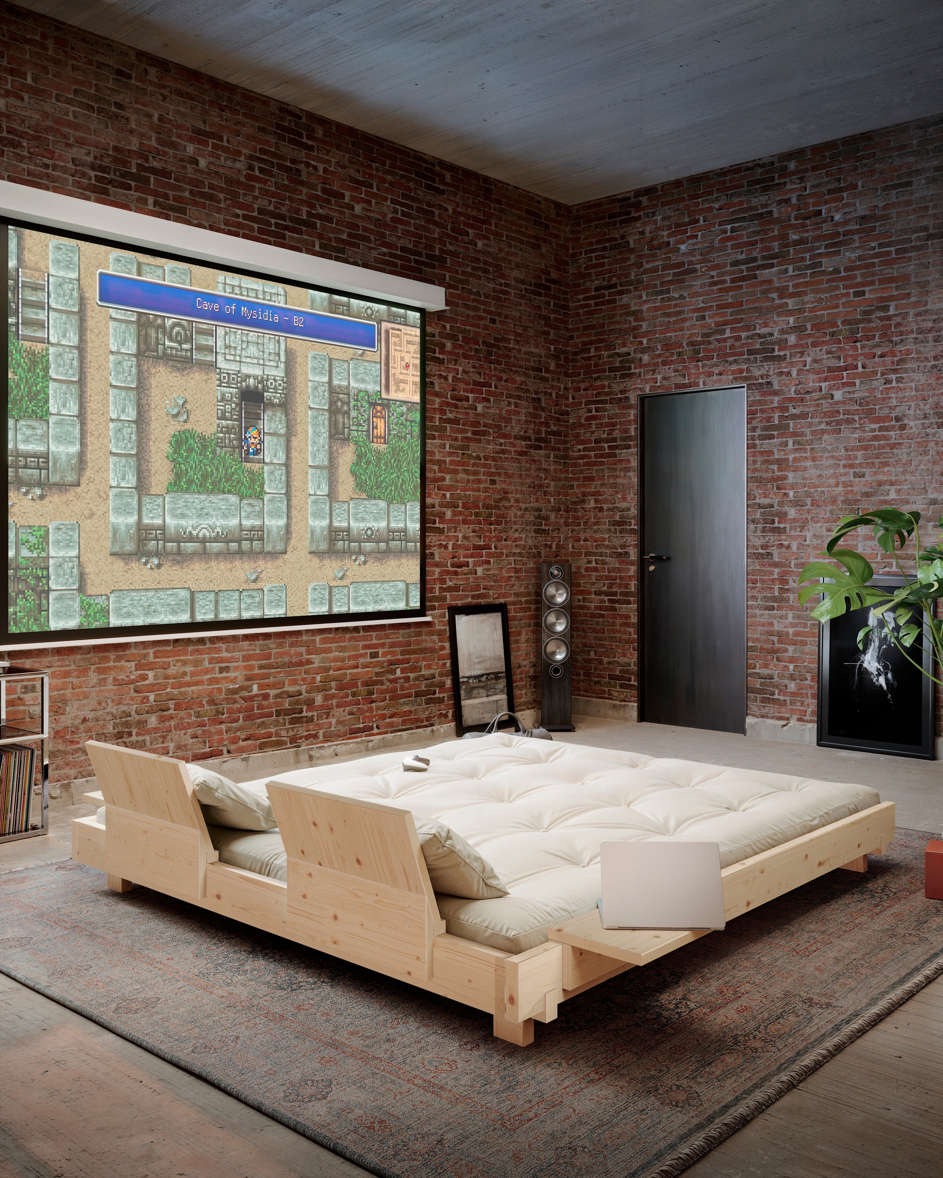 SOCIAL SOFA BED CLEAR LAC 140 X 200 W. 4 PCS BACK RESTS AND 2 PCS SIDE TABLES W. FRESH MATTRESS MOCCA