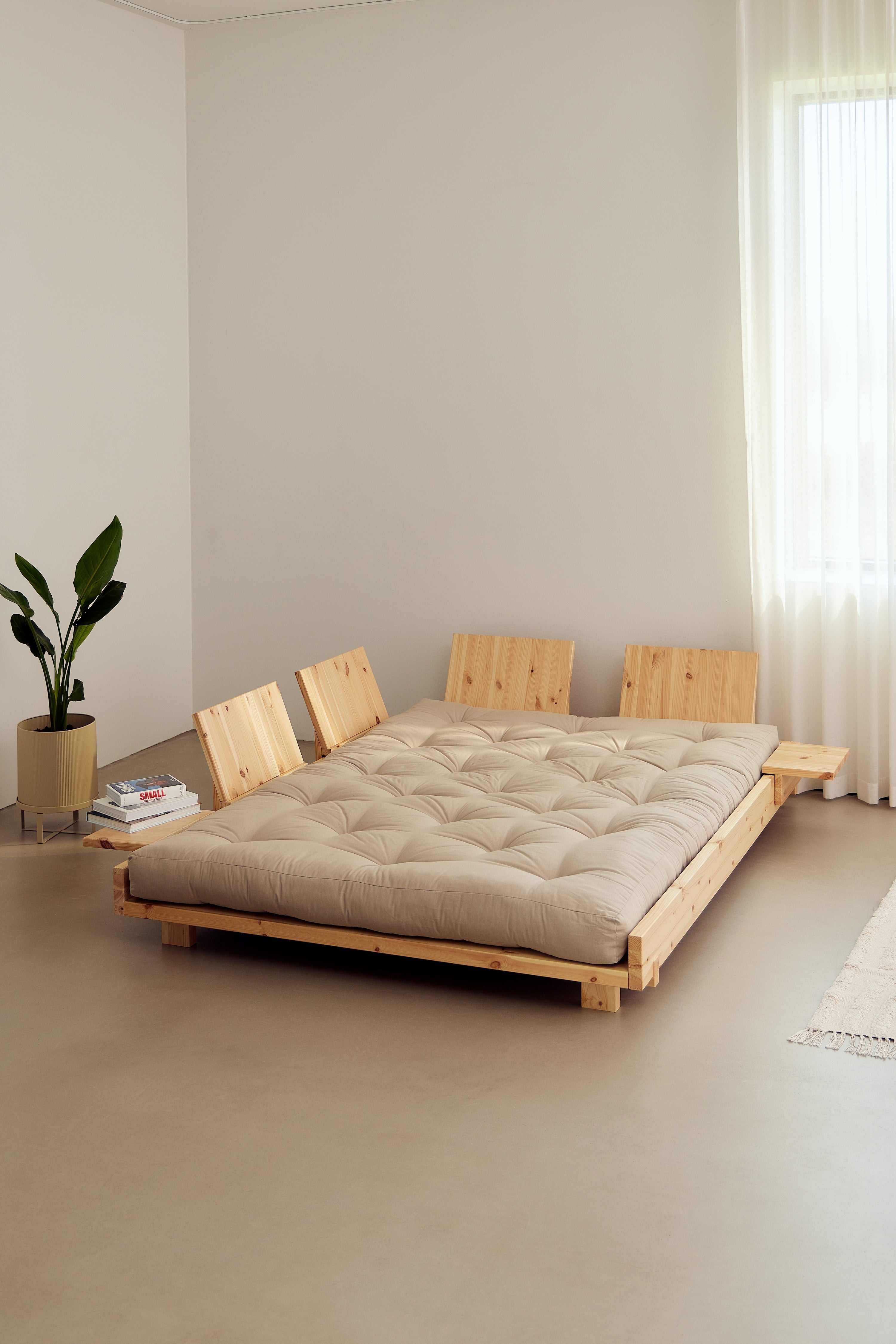 SOCIAL SOFA BED CLEAR LAC 140 X 200 W. 4 PCS BACK RESTS AND 2 PCS SIDE TABLES W. FRESH MATTRESS MOCCA