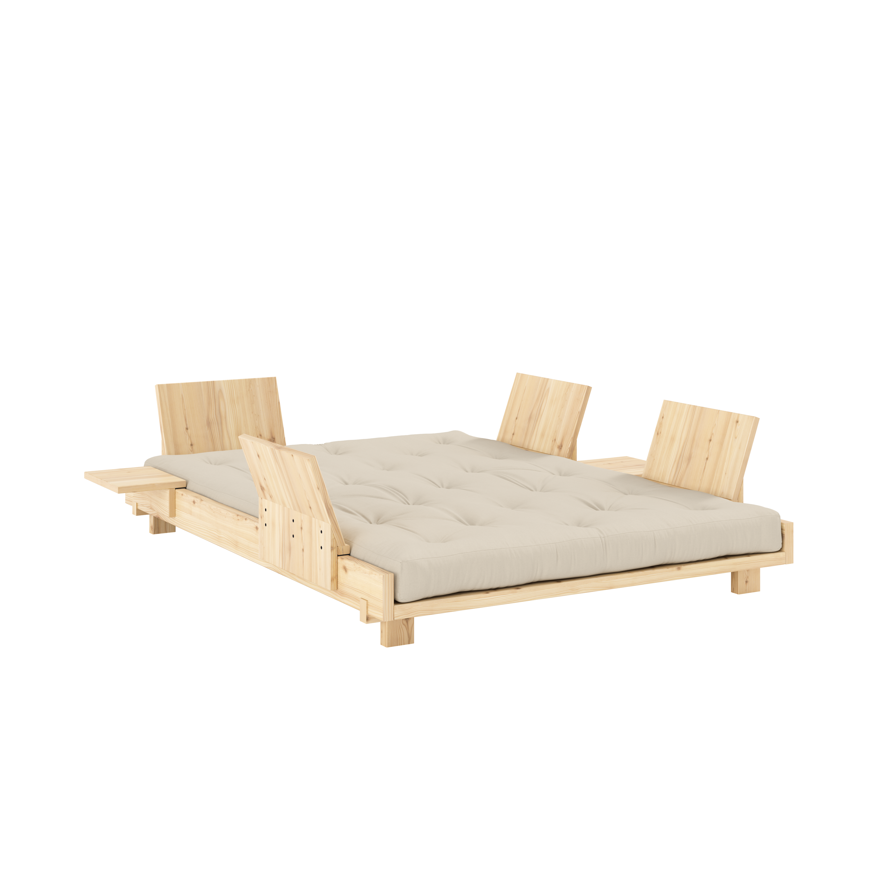 SOCIAL SOFA BED CLEAR LAC 140 X 200 W. 4 PCS BACK RESTS AND 2 PCS SIDE TABLES W. FRESH MATTRESS BEIGE