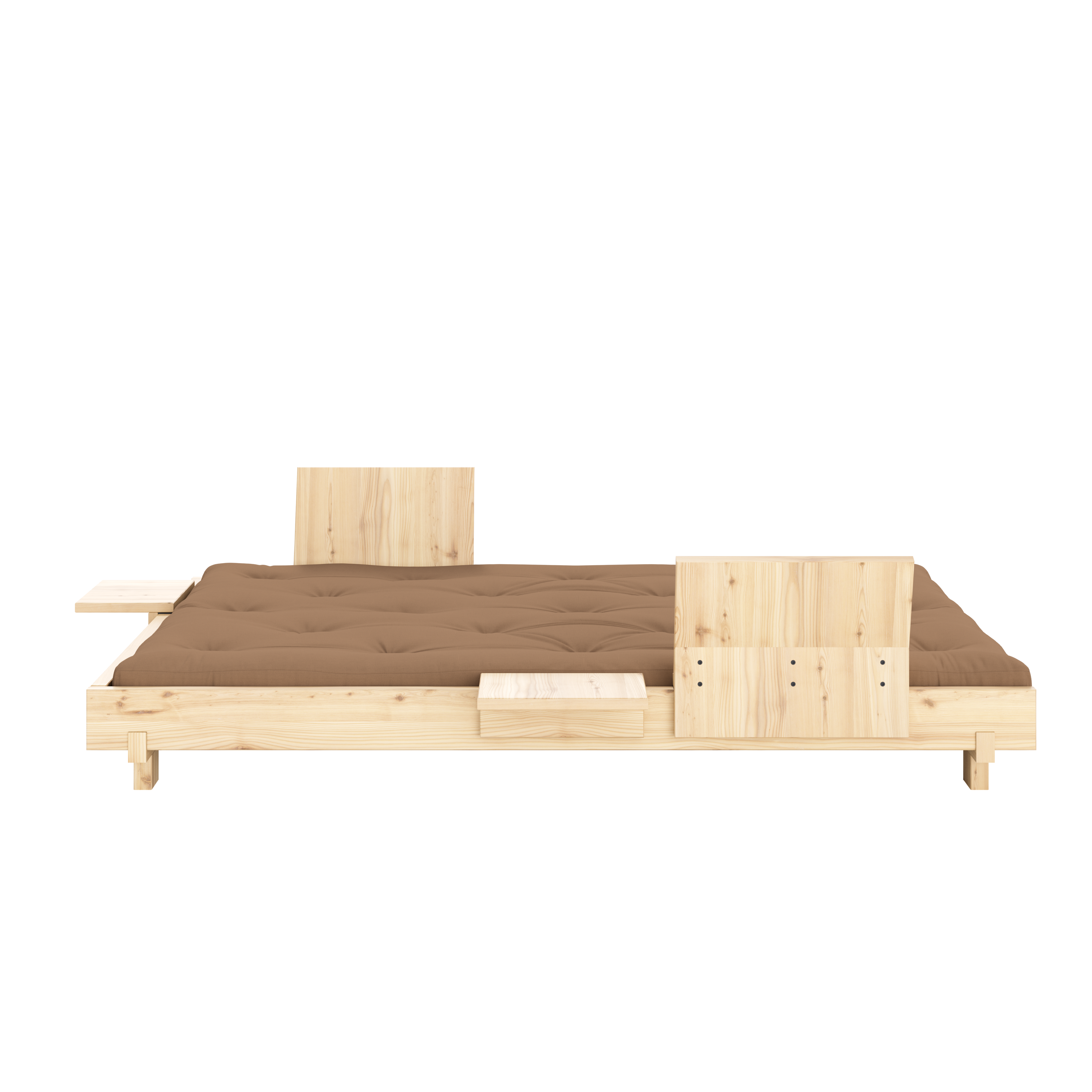 SOCIAL SOFA BED CLEAR LAC 140 X 200 W. 2 PCS BACK RESTS AND 2 PCS SIDE TABLES W. FRESH MATTRESS MOCCA