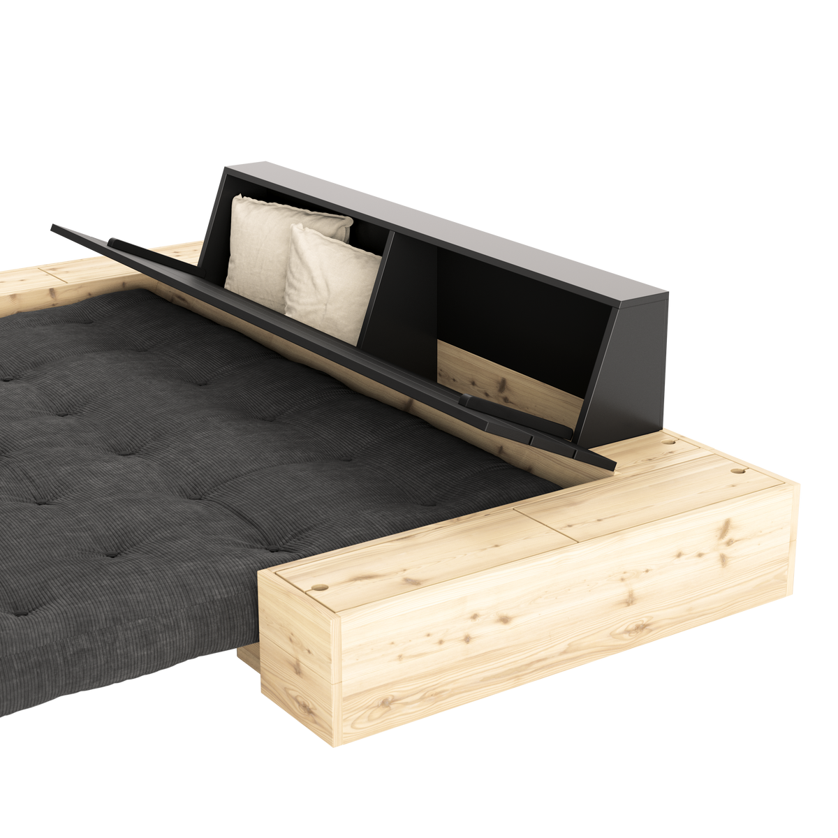 BASE BLACK NIGHT LACQUERED W. 2 SIDEBOXES CLEAR W. 5-LAYER MIXED MATTRESS LINEN