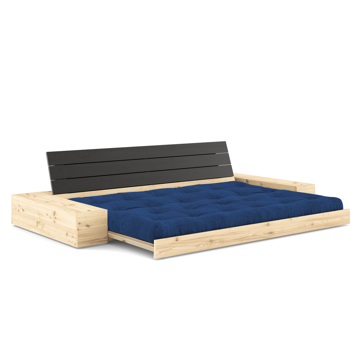 BASE BLACK NIGHT LACQUERED W. 2 SIDEBOXES CLEAR W. 5-LAYER MIXED MATTRESS ROYAL BLUE