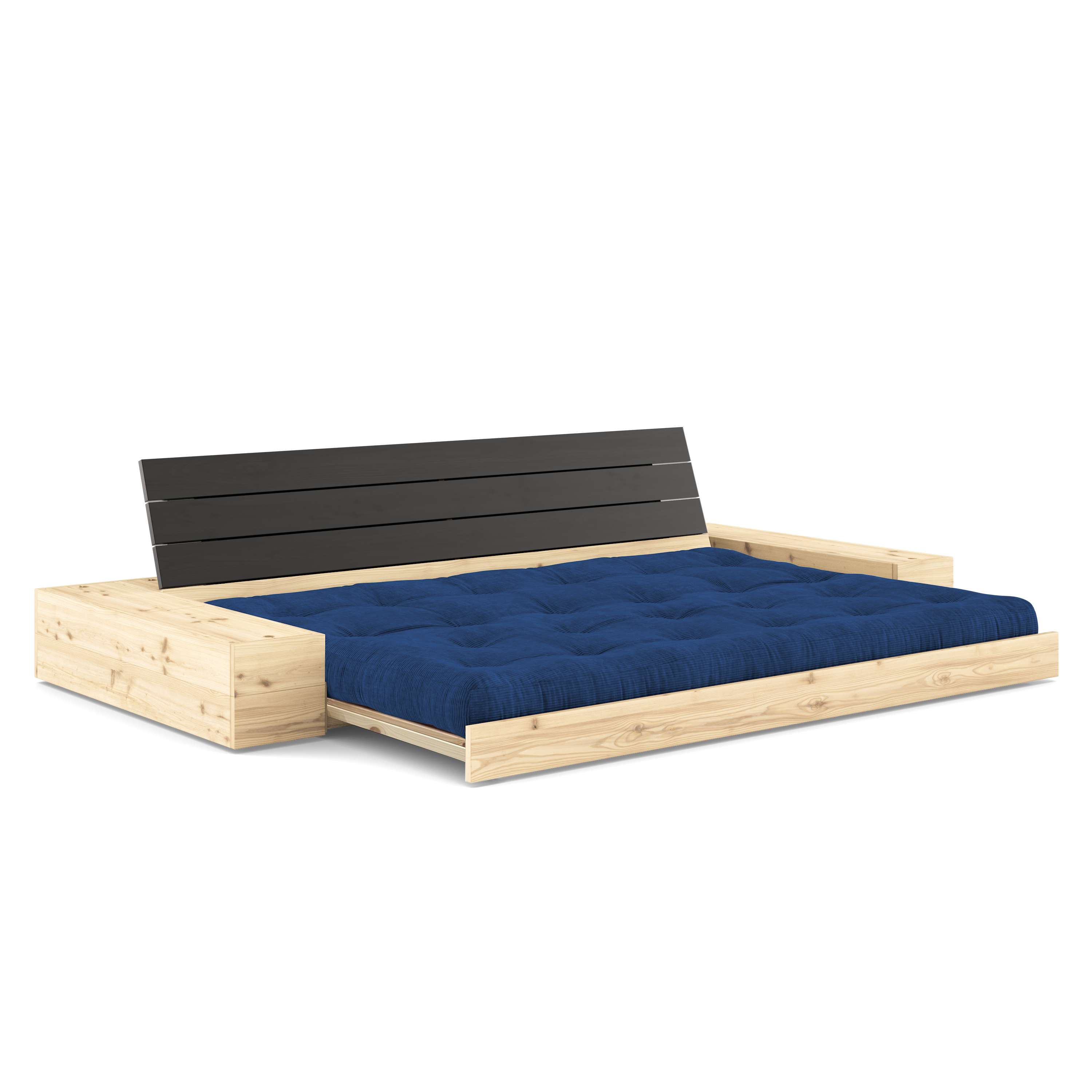 BASE BLACK NIGHT LACQUERED W. 2 SIDEBOXES CLEAR W. 5-LAYER MIXED MATTRESS ROYAL BLUE