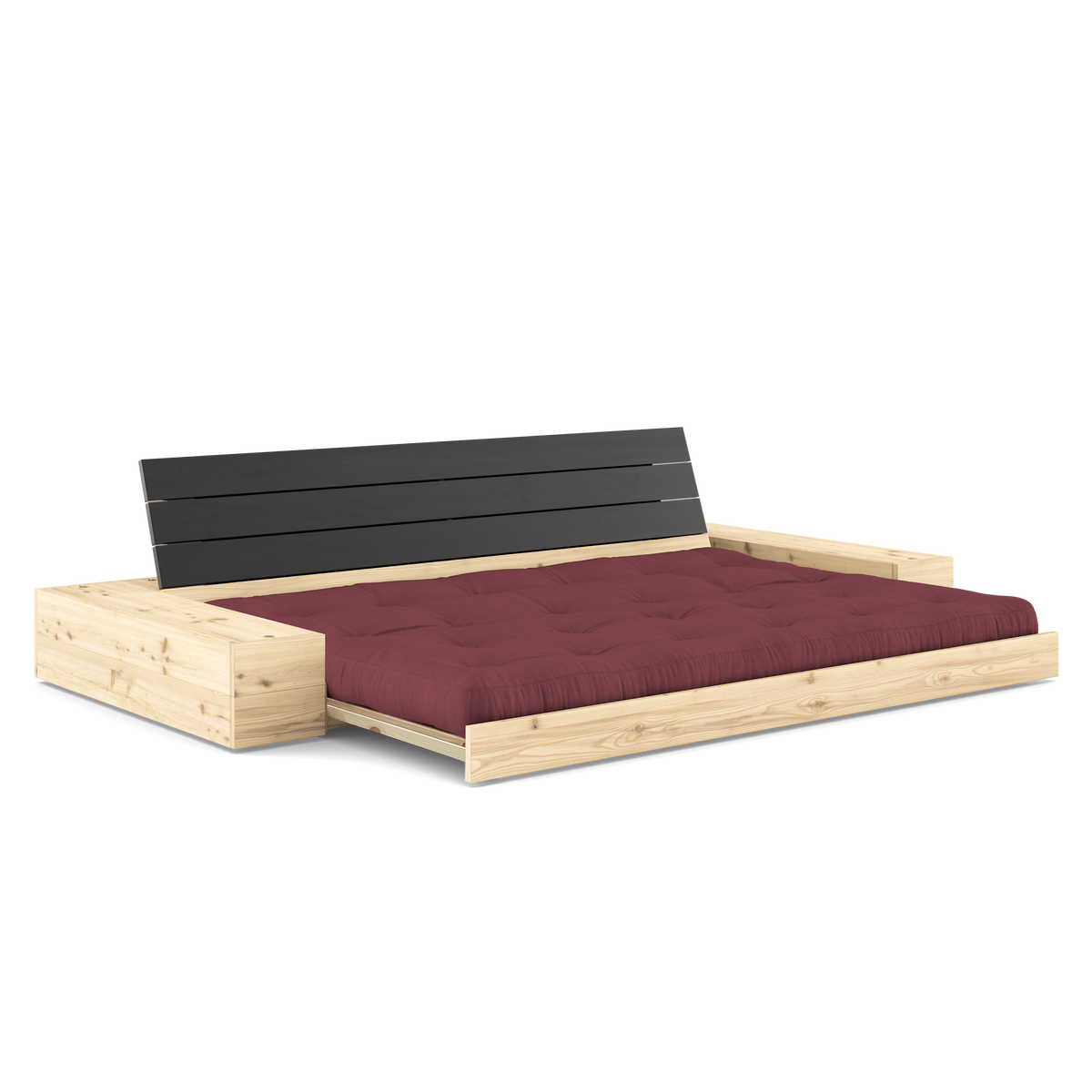 BASE BLACK NIGHT LACQUERED W. 2 SIDEBOXES CLEAR W. 5-LAYER MIXED MATTRESS BORDEAUX