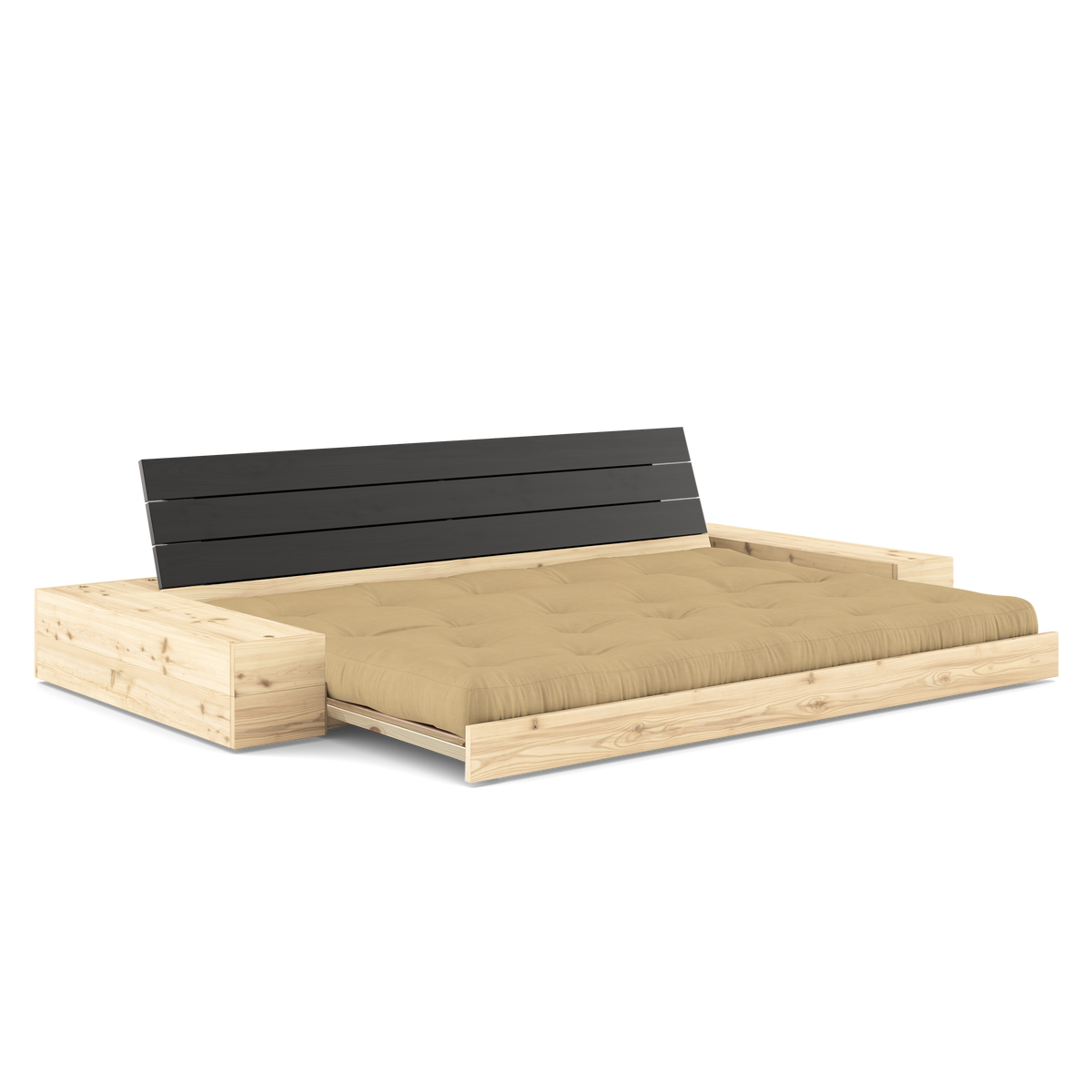 BASE BLACK NIGHT LACQUERED W. 2 SIDEBOXES CLEAR W. 5-LAYER MIXED MATTRESS WHEAT BEIGE