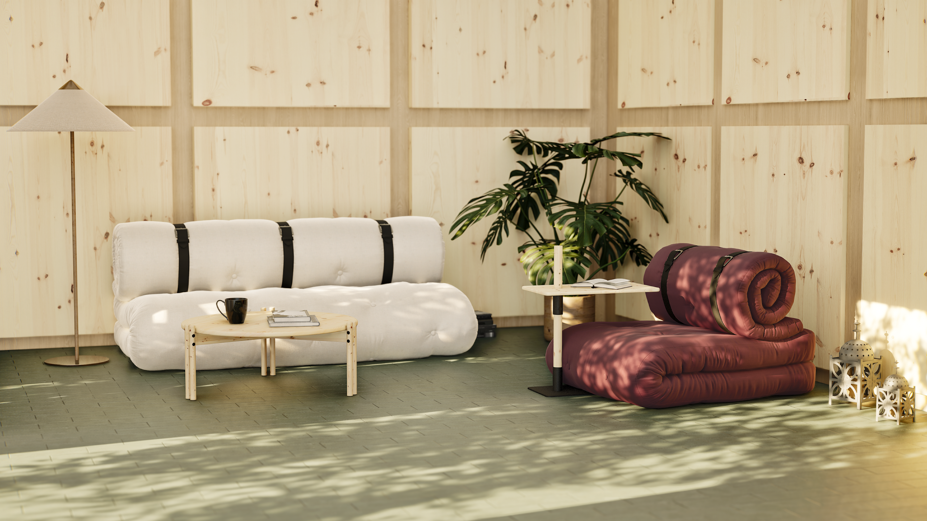 BUCKLE-UP SOFA CLAY BROWN W. 3 BROWN LEATHER BELTS