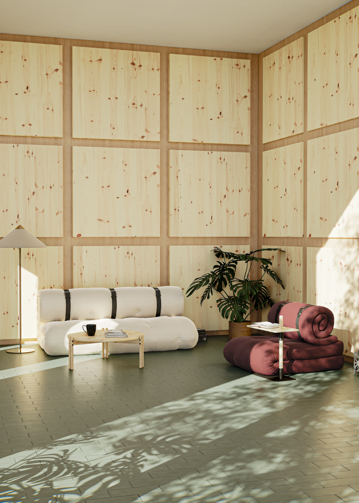 BUCKLE-UP SOFA DARK GREY W. 3 BROWN LEATHER BELTS