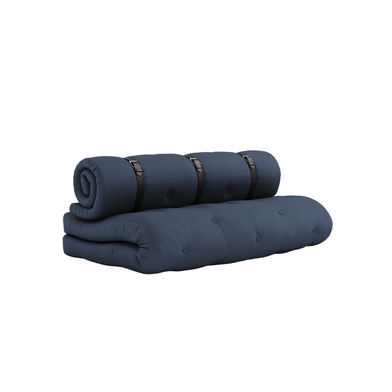 BUCKLE-UP SOFA NAVY W. 3 BROWN LEATHER BELTS