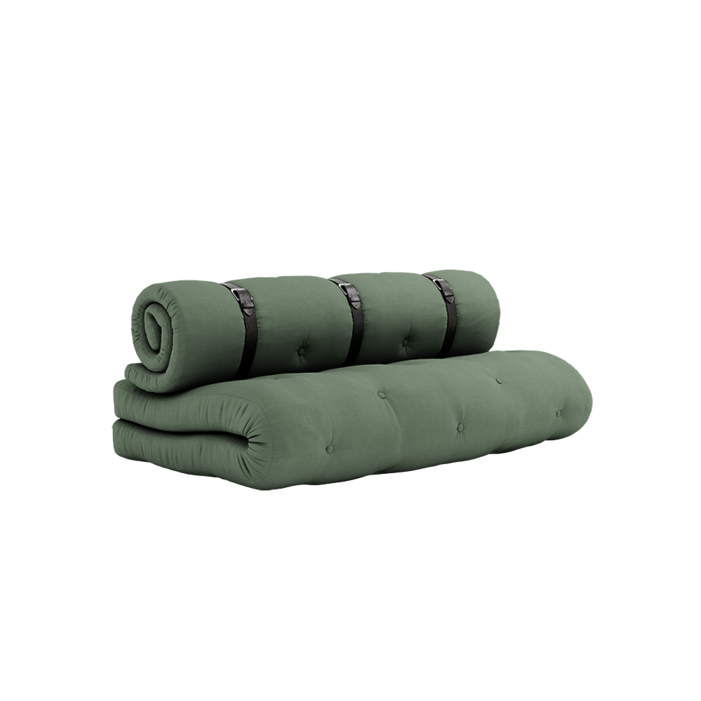 BUCKLE-UP SOFA OLIVE GREEN W. 3 BROWN LEATHER BELTS