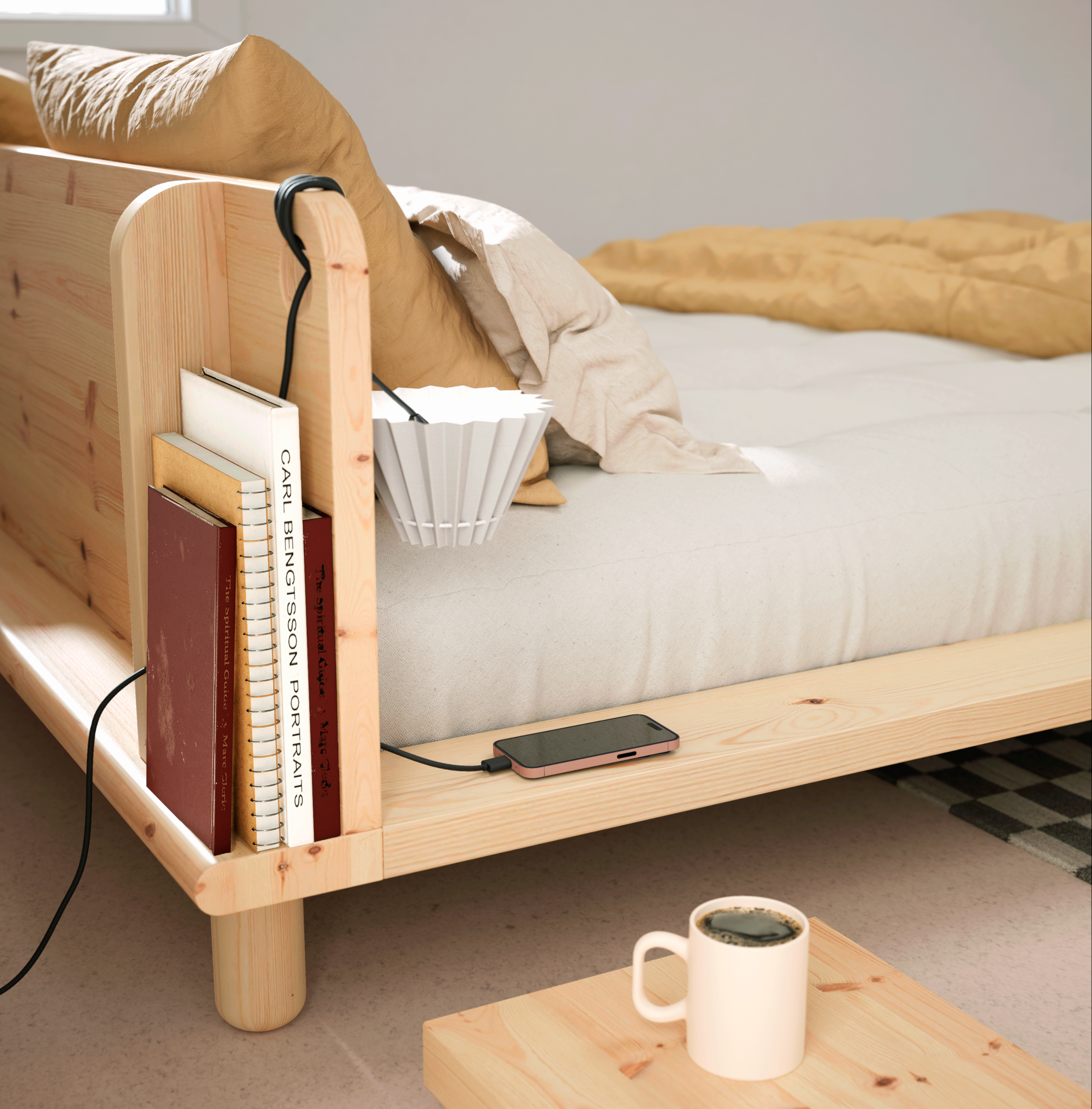 PEEK BED CLEAR LACQUERED 180 X 200 W. 2 BED LAMPS