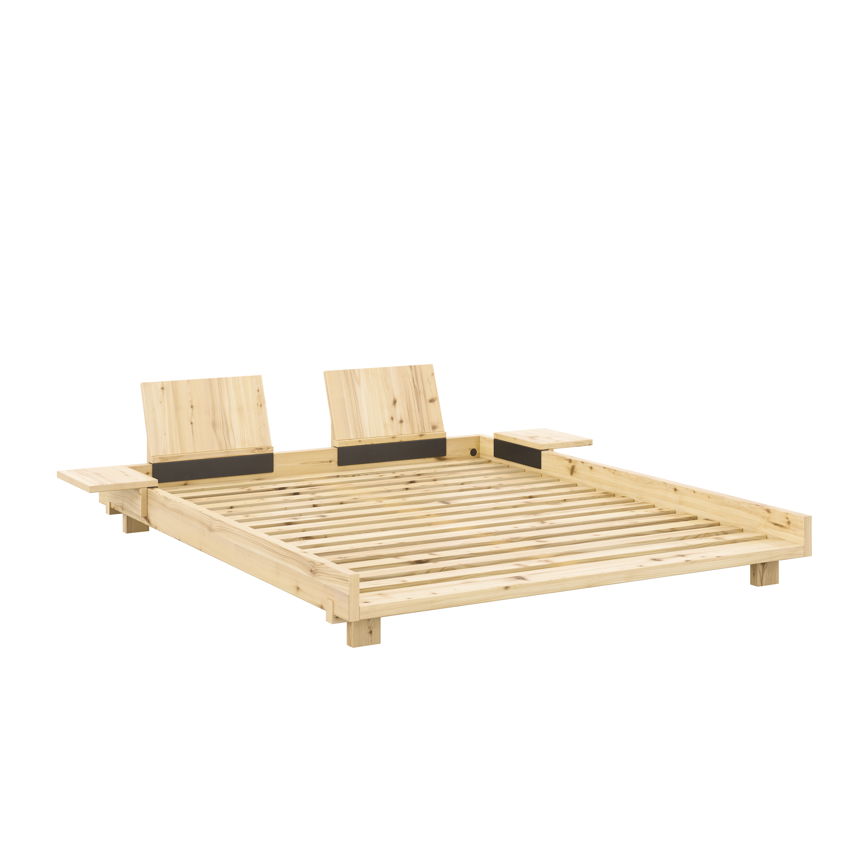 SOCIAL BED CLEAR LACQUERED 160 X 200 W. 2 PCS BACK RESTS AND 2 PCS SIDE TABLES