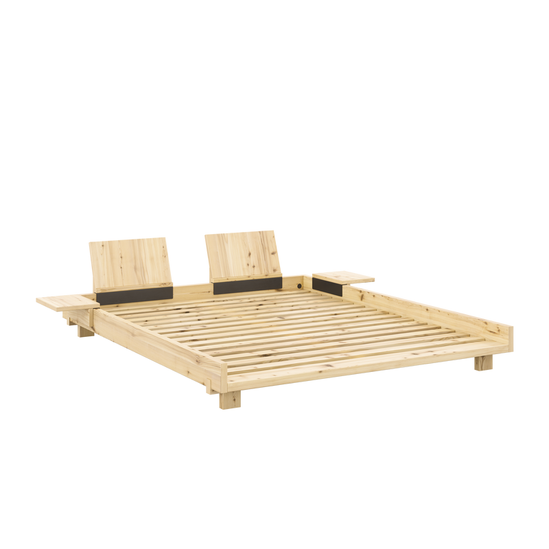 LIT D'ANGLE SOCIAL VERNIS CLAIR 160 X 200 AVEC 2 APPUI-PLATRE DORSAL ET 2 TABLES LATERALES