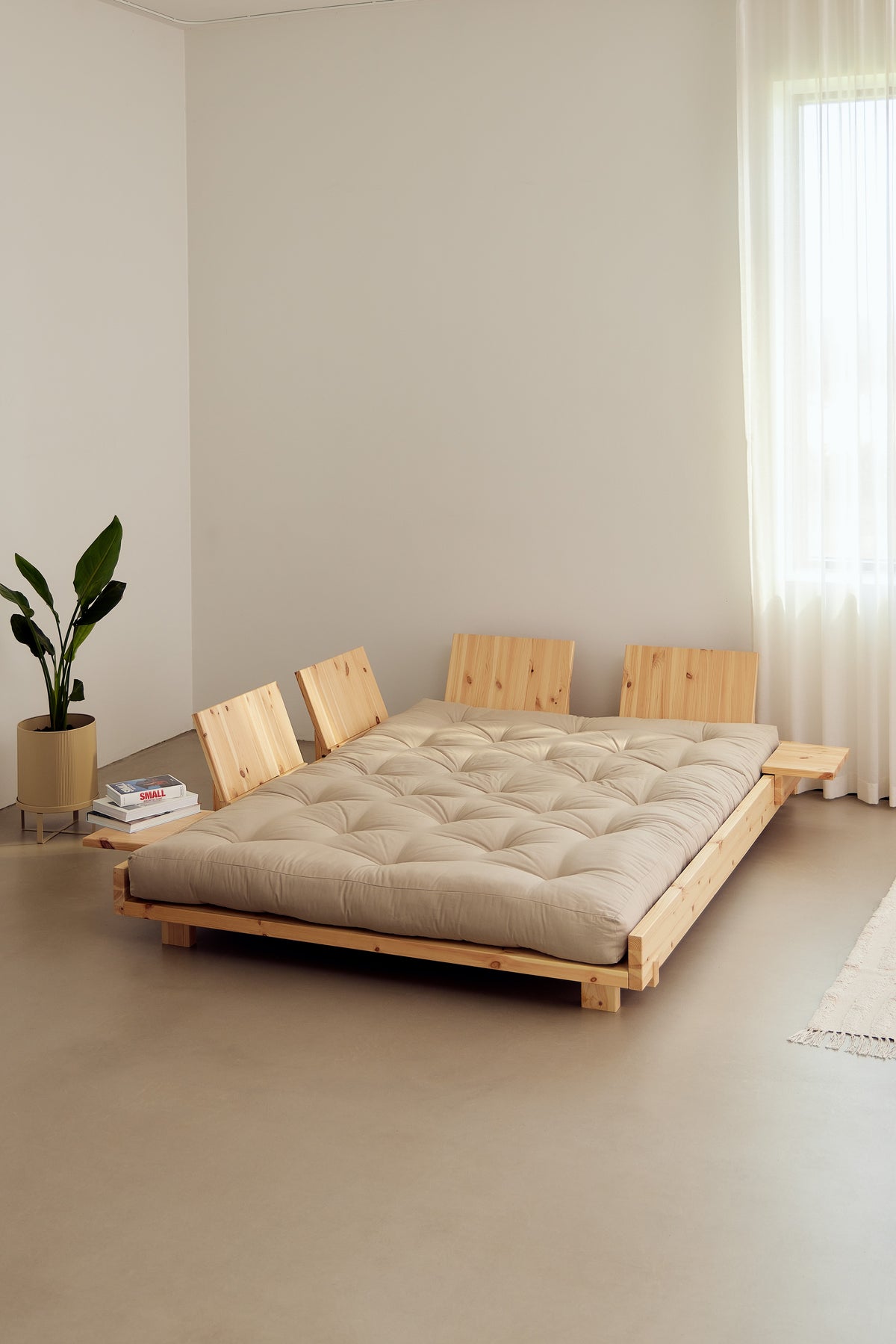SOCIAL SOFA BED CLEAR LAC 140 X 200 W. 2 PCS BACK RESTS AND 2 PCS SIDE TABLES W. FRESH MATTRESS BEIGE