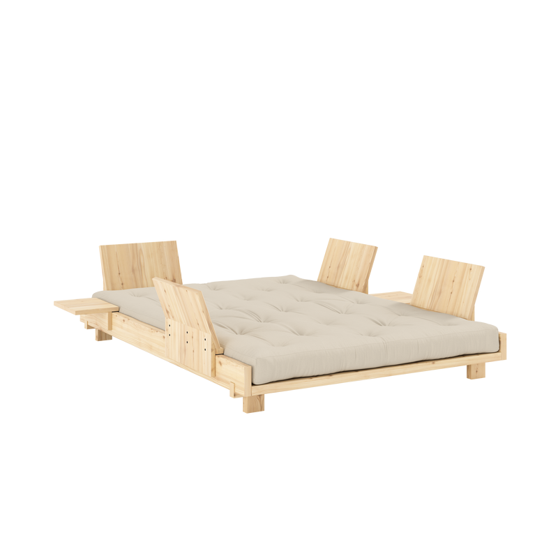 SOCIAL SOFA BED CLEAR LAC 140 X 200 W. 4 PCS BACK RESTS AND 2 PCS SIDE TABLES W. FRESH MATTRESS BEIGE
