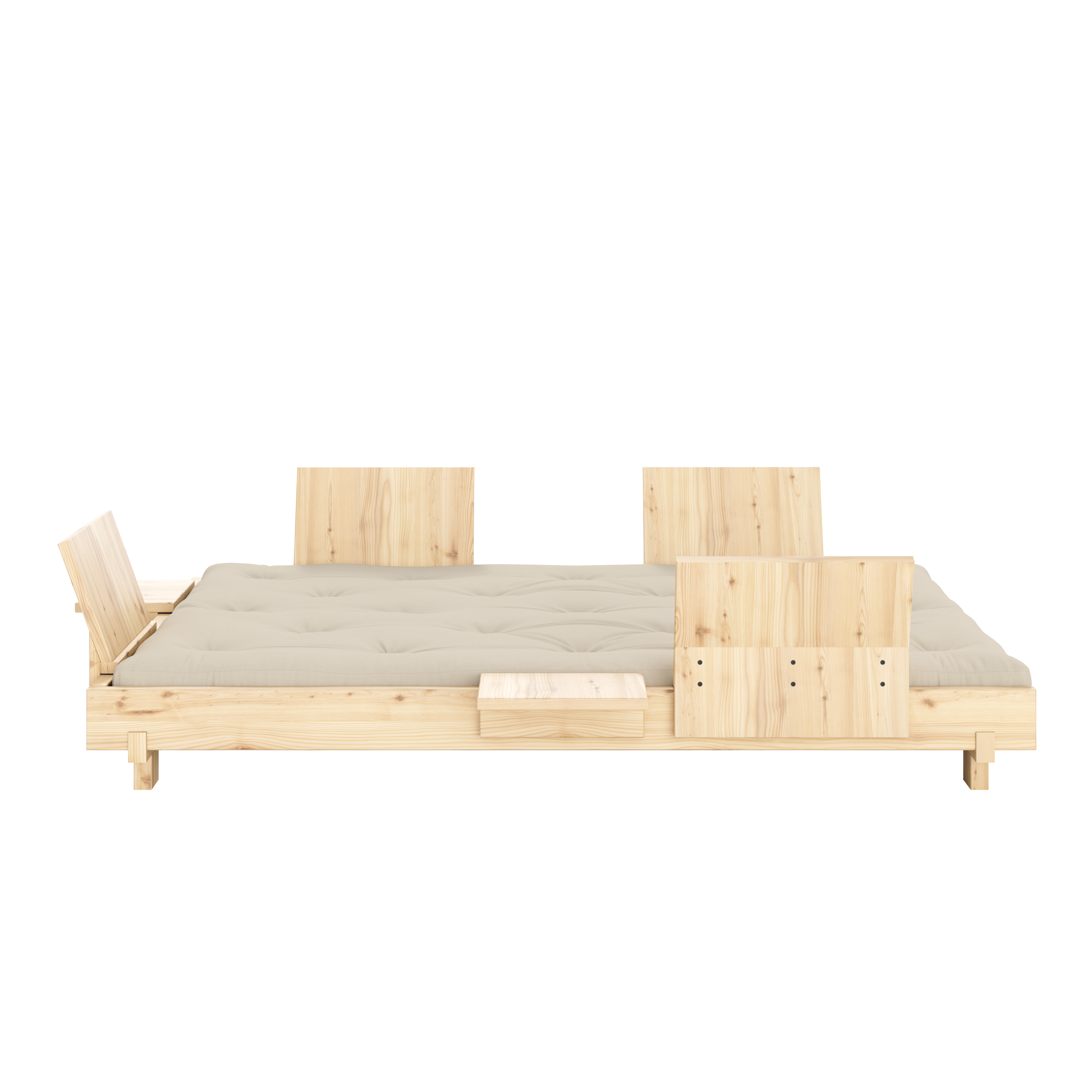 SOCIAL SOFA BED CLEAR LAC 140 X 200 W. 4 PCS BACK RESTS AND 2 PCS SIDE TABLES W. FRESH MATTRESS BEIGE