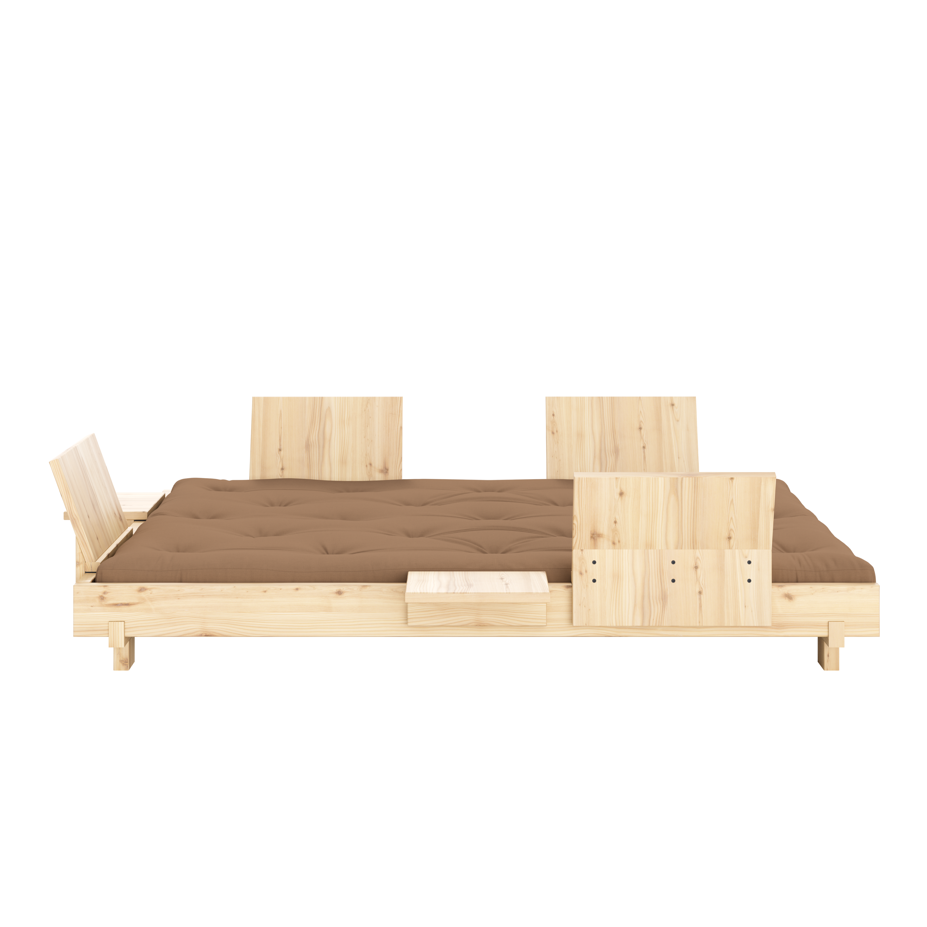 SOCIAL SOFA BED CLEAR LAC 140 X 200 W. 4 PCS BACK RESTS AND 2 PCS SIDE TABLES W. FRESH MATTRESS MOCCA