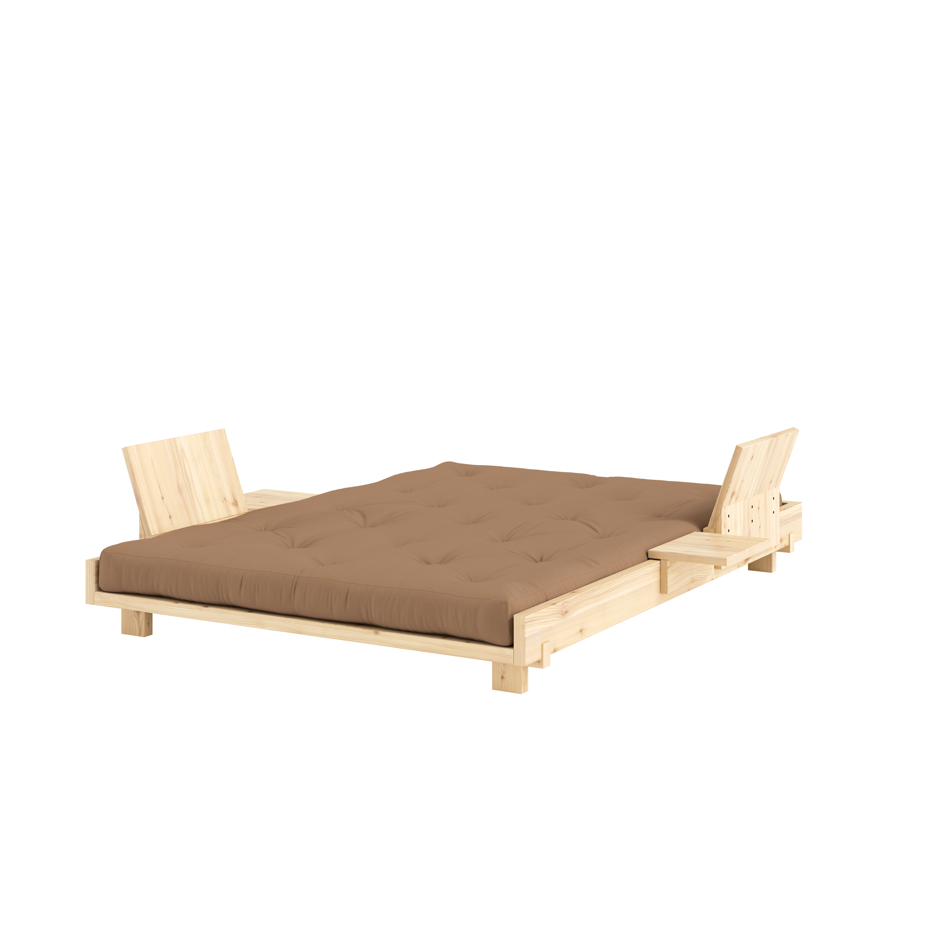 SOCIAL SOFA BED CLEAR LAC 140 X 200 W. 2 PCS BACK RESTS AND 2 PCS SIDE TABLES W. FRESH MATTRESS MOCCA