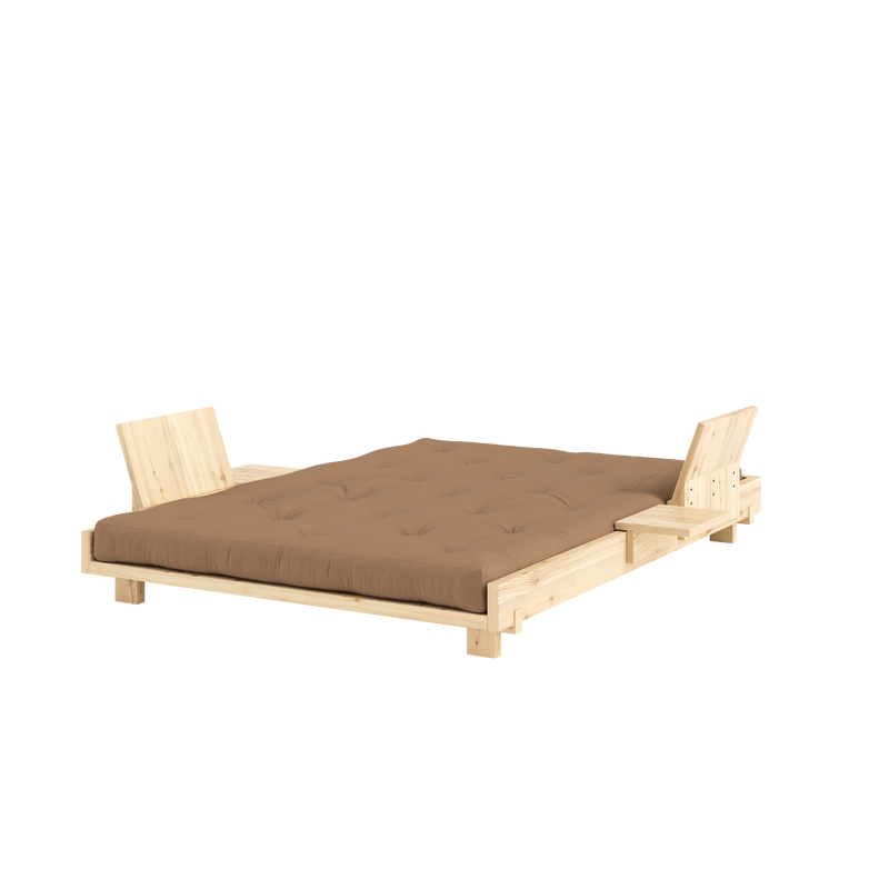 SOCIAL SOFA BED CLEAR LAC 140 X 200 W. 2 PCS BACK RESTS AND 2 PCS SIDE TABLES W. FRESH MATTRESS MOCCA